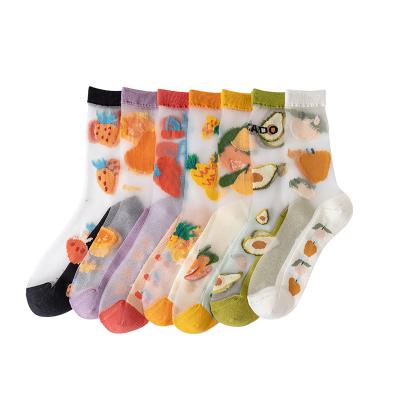 China New Korean Fashion Wholesale QUICK DRY Fruit Avocado Strawberry Women Silk Socks Glass Slim Ultra Crystal Silk Socks Women Pure for sale