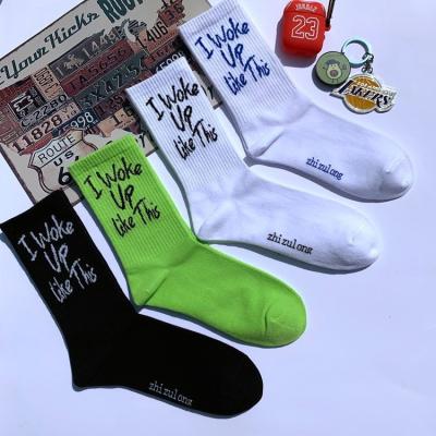 China New Arrival Fashion QUICK DRY Letters I Woke Up Like This Mens Tube Socks Cotton Knitted Skateboard Mens Socks for sale