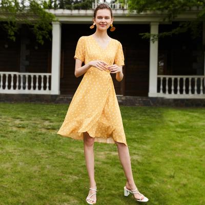 China Naivee Summer French Style Dot Lotus Leaf Edge Tea Break Yellow Women's Breathable Wrap Dress for sale