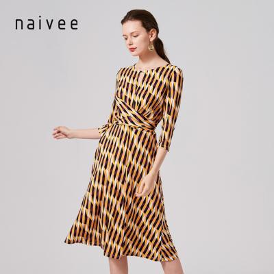 China Naivee Soft and Comfortable 2020 Summer Fashion Wrap Geometric Print Dress Striped Long Sleeve Casual Dress for Women Ladies for sale