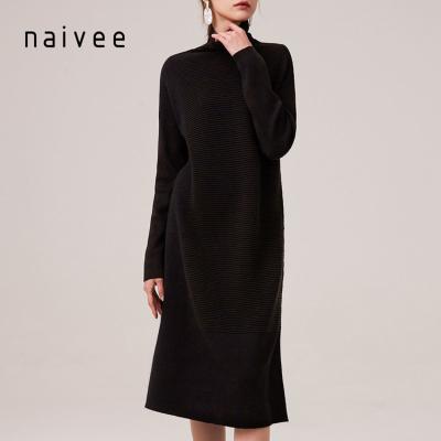 China Breathable High Quality Simple Elegant Black Naivee Midi Turtle Neck Knitted Long Sleeve Winter Dresses for sale