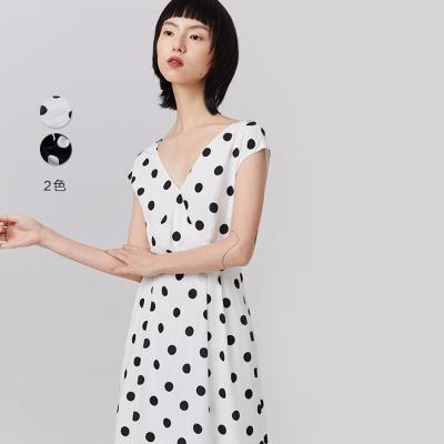 China Naivee Breathable Vintage Dot Print V-Neck French Black And White Dress With Small Sleeves for sale