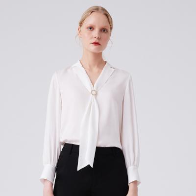 China Simple White Ribbon Chiffon Anti-Wrinkle Naivee Spring Lapel Long Sleeve Blouse for sale