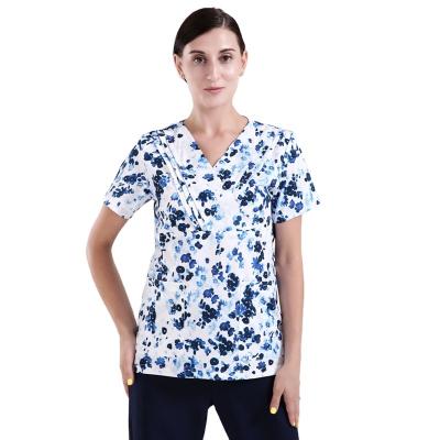 China Wholesale Comfortable Breathable Scrub Uniforms 4 Way Stretch Hospital Uniforms Fashion Print Nurse Clothes Women Scrub Uniform For Health Professional for sale