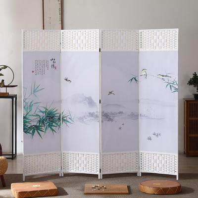 China Art Decor Chinese Folding Mobile Room Divider Fabric Rattan Canvas Screens and Simple Modern Room Dividers for sale