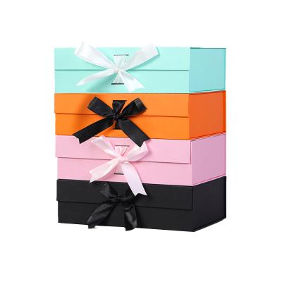 China Wholesale Handmade Rose Ribbon Gift Box Bottom Bow Tie Folding Gift Paper Packaging Box Magnet Magnetic Foldable With Ribbon Bows Closure for sale