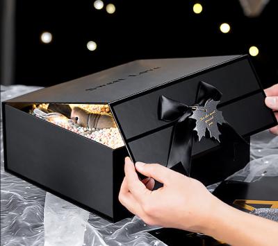 China Handmade Luxury Rigid Black Bow Tie Ribbon Square Gift Paper Cardboard Magnetic Narrow Packaging Box With Magnetic Ribbon Decoration for sale