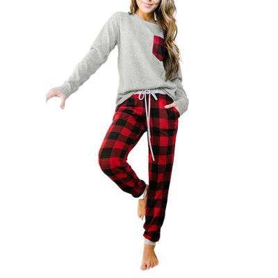 China Breathable Ladies Pajamas Set Solid Color Sleep Tops Basic Plaid Sleepwear Two Piece Suit Women Home Nightgowns for sale