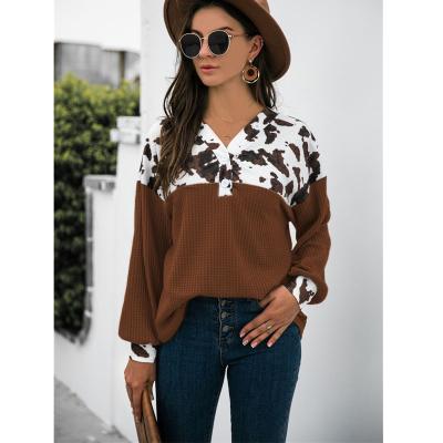 China Anti-Wrinkle Women's Blouses Cow Waffle Knitted Long Sleeve Blouse for sale