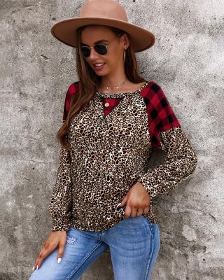 China Anti-Wrinkle Women's T-Shirt Plaid Leopard Long Sleeve Patchwork Print Round Neck Base Tops for sale