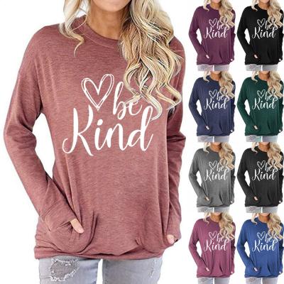 China Anti-Wrinkle Women Be Kind Letter Printing Round Neck Long Sleeve T-Shirt for sale