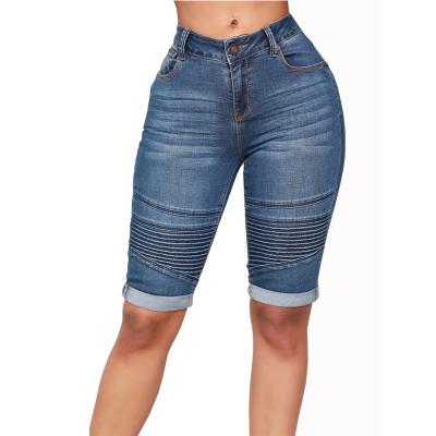 China Anti-wrinkle women rise elastic denim mid shorts skinny zipper denim knee length curvy stretch shorts jeans shorts for sale