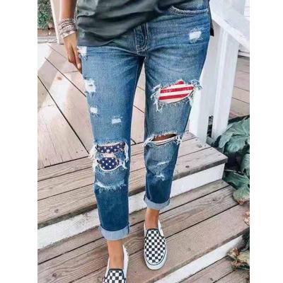 China Color Fade Proof Women American Flag Stitching Distressing Printed Ripped Casual Jeans for sale