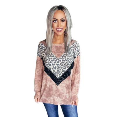 China Leopard Print Sequined Long Sleeve Anti-Shrink Women's T-shirt Contrast Print Blouse Top Tee for sale