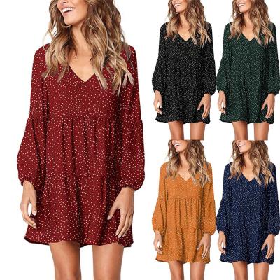 China Dot Ruffle Design Tunic Dresses Swing Dress Casual Anti-Wrinkle Women's V-Neck Sleeve Polka Drape Long for sale