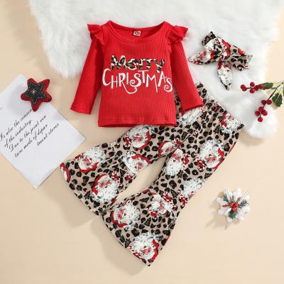 China Merry Christmas Girls Casual Clothing Set Leopard Print Top And Flare Pants 2PCS Set for sale