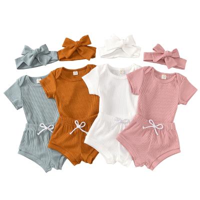 China Antibacterial Newborn Toddler Babies Boys Solid Set Short Sleeve Romper Tops Matching Shorts Sets for sale