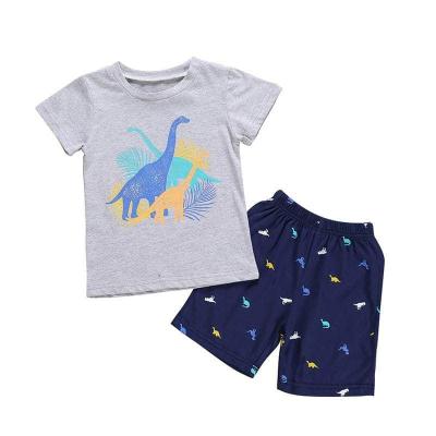 China Casual Kids Dinosaur Gray T-shirt Blue Shorts Set Boys Summer Dinosaur Outfits for sale