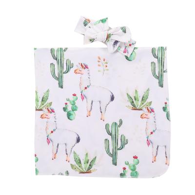 China Anti-pilling Newborn Baby Wrap Covering Cactus and Llama Print with Soft Headband Baby Blankets for sale