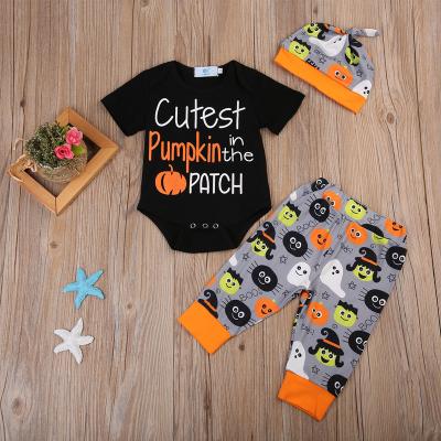 China Antibacterial Baby Boy Halloween Shirt Romper Pants And Hat Set Pumpkin Romper Sets for sale