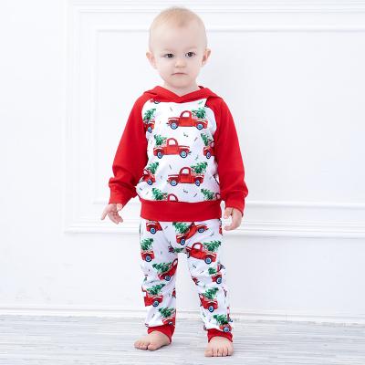 China Red Baby Boy Antibacterial Christmas Car Print Clothing Set Kids Long Sleeve Hoodie Tops And Pants Outfits for sale