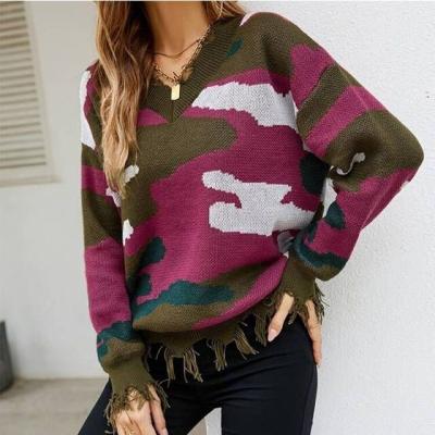 China Anti-Wrinkle Fashion Camouflage Tassel Women Pullover Color Matching Distressed Sweater New for sale