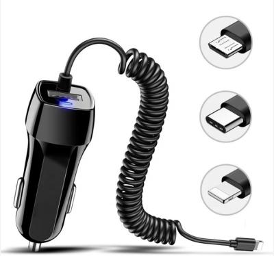 China 2.1A car charger with spring wire 1.5 meters factory wholesale fast charging type-c usb car phone charger 10w car charger with cable for sale