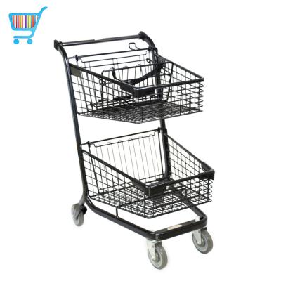 China Unfolding Shopping Trolley America For American Market Double Layers Metal Shopping Cart Double Handing Push Cart For Supermarket for sale