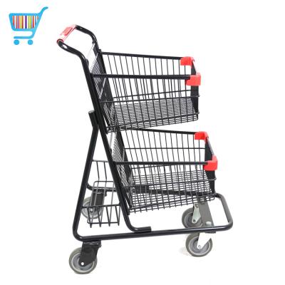 China USA 2 Tier Supermarket Trolley Metal Baskets Grocery Push Shopping Trolley Manufacturers Double Unfolding Hand Push Trolley Manufacturers for sale