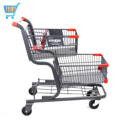 China Unfolding Mobility Grocery Trolley 150l USA Popular 2 Tier Supermarket 2 Baskets Retail Store Trolley Shopping Shopping Cart for sale