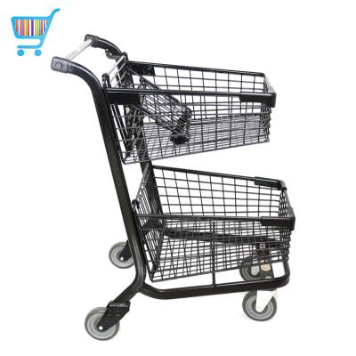 China Personal Metal Grocery Vending Cart Double Basket Unfolding Shopping Trolley On Wheels Used Cart Vending Type Shopping Trolleys For Sale for sale