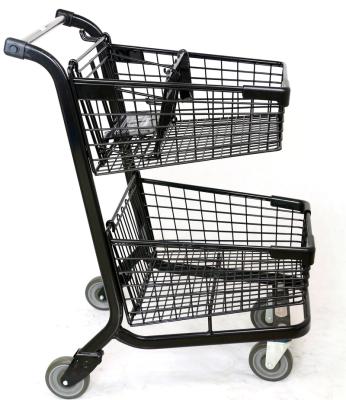 China Unfolding Adult Size Commercial Double Trolley Cart Shopping Basket Two Layers for sale