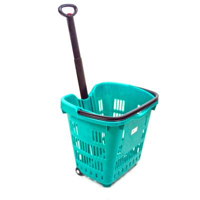 China Large 40LPlastic (2 wheel) supermarket food shopping cart plastic rolling basket stocking basket shopping cart for sale