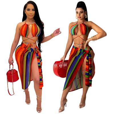 China Wholesale Breathable Thong Swimsuit Wrap Skirt Long Beach Swimwear Women Print 3 Piece Bikini Set With Cover Up for sale