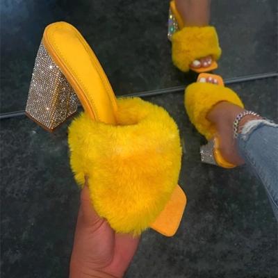 China Factory direct sale summer high heel round warm fluffy outdoor sandals colorful fur slipper sandal for women for sale