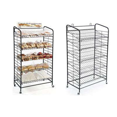 China Suitable for outside 5 layers bread display stand wire metal grid carts with 4 wheels for sale