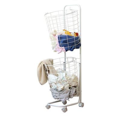 China Sustainable Dirty Two Layer Metal Wire Clothes Storage Basket Cart With Four Wheels for sale