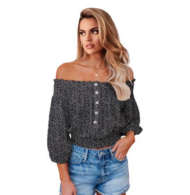 China Europe Women Clothing Fashion Polka Dot Buttoned Backless Off Shoulder Smocked Polka Dot Anti-pilling Blouse 2021 for sale