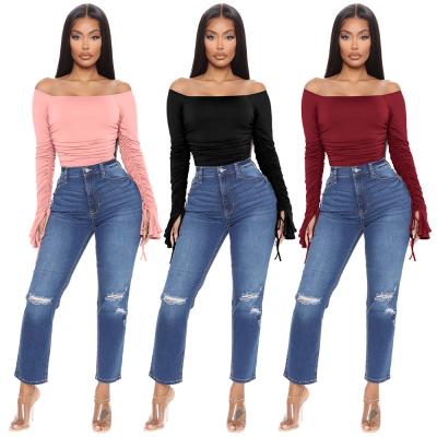 China 2021 New Anti-wrinkle Ladies Elastic Jumpsuits Flare Sleeve Off Shoulder Autumn Women Bodycon Jumpsuits for sale