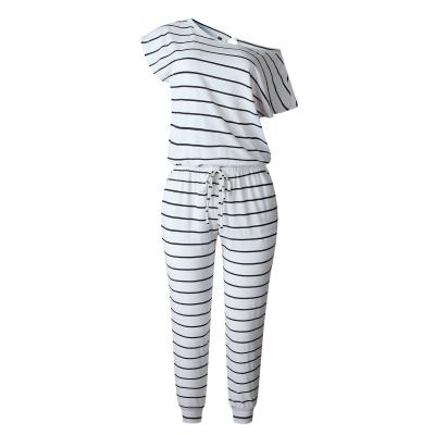 China Anti-Wrinkle One Shoulder Stripe O Collar Woman Summer Pants Europe Style Bodycon Jumpsuit for sale