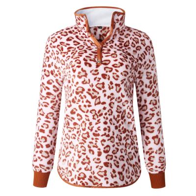 China hot sale Anti-wrinkle leopard printed sweatshirt women pocket thick pink polyester sweatshirt long sleeve button pullover women for sale