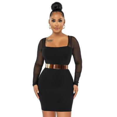 China Anti-static Ladies Dresses Without Belt Autumn Fashion Square Neck Long Sleeve Bodycon Shorts Solid Dress for sale