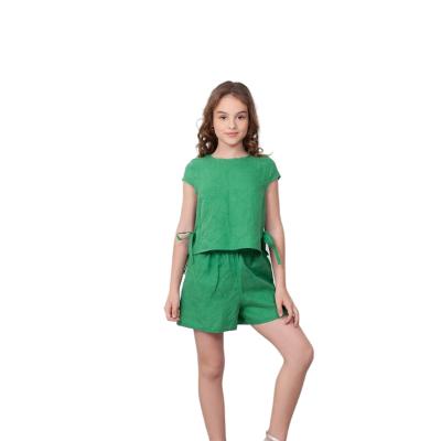 China Girls Casual Cotton Skirt Canvas Sleeveless Two Piece Set and Shorts Suit Green Kids Dress For Toddler for sale