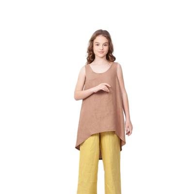 China Factory Price Casual Hot Selling Sleeveless Canvas Top and Wide Leg Loose Pants Clothing Set Teen Kids Girls Brown Tunic and Pants Set for sale