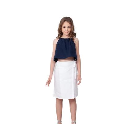 China Boutique Kids Girls Clothing Suit Casual Two Piece Long Pants Set Kids Canvas Outfits Crop Top Loose Teen Casual Solid Navy Blue for sale