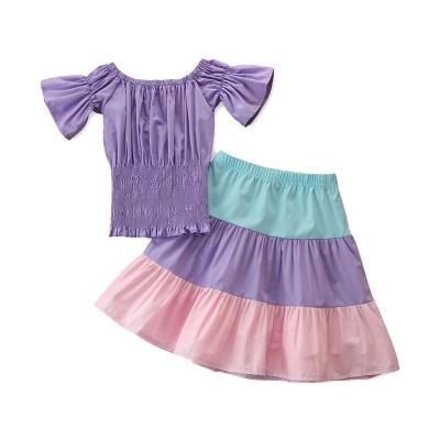 China 2022 Fashion Girls Purple Suit Sweet 2022 Summer Girls Skirt Off-shoulder Kids Baby Clothes Two Piece Set for sale