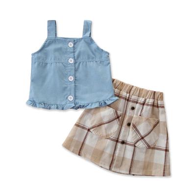 China High quality Chinese style kids clothes set toddler girls skirt set sling blouse+Plaid denim skirt for girl boutique clothing China 2022 for sale