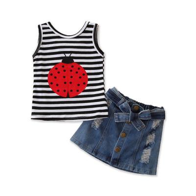 China Casual Children's Clothing Set Summer Girls Casual Striped Ladybug Vest+Denim Skirt Outfit Sets 2 Years Old for sale