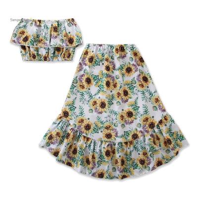 China Eco-friendly Breathable Washable Suspender Sunflower Fashion Suit Summer Girls Toddler Girls Floral Shirt+Skirt Set Kids Dressing Set for sale