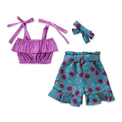 China Casual Western Style Summer Kids Suit Top + Suspenders One-shoulder Flower Shorts Clothing Set For Girls for sale